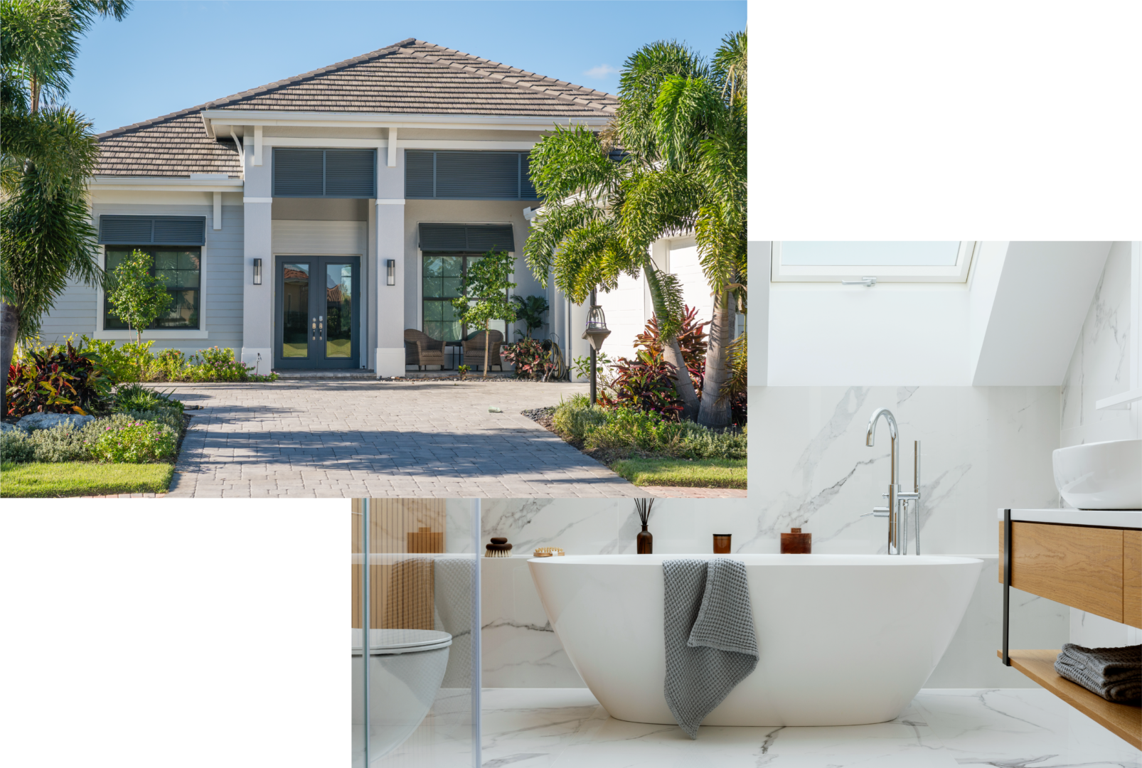 A bathroom with a large tub and a building